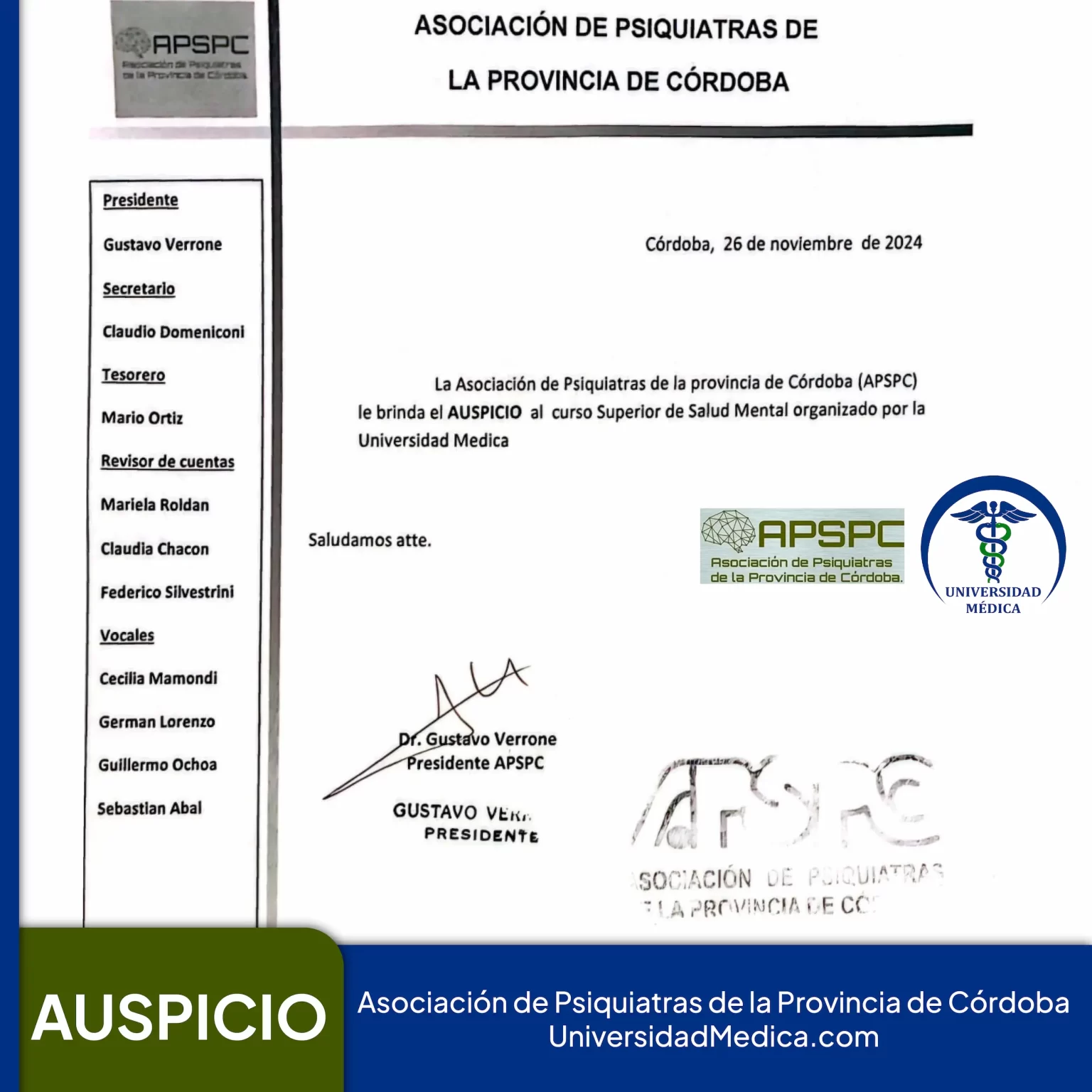 Curso Superior de Salud Mental auspiciado por la Asociación de Psiquiatras de Córdoba