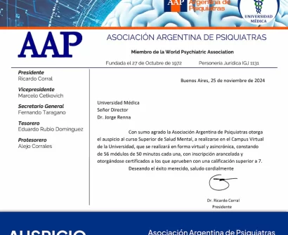 Curso Superior de Salud Mental avalado por la Asociación Argentina de Psiquiatría